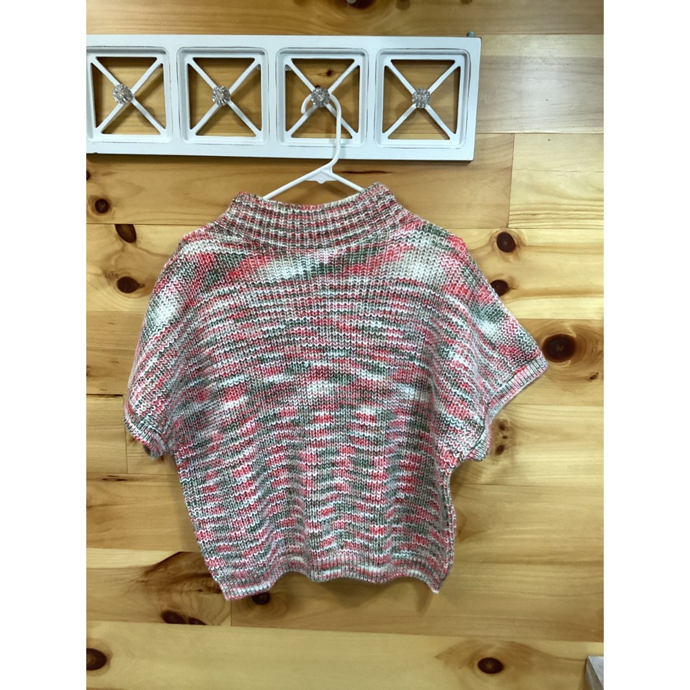 White Birch Pink Green Space Dye Mock Neck Short Sleeve Sweater M